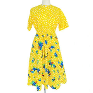 Women’s Handmade XL Yellow Vintage Polka Dot Floral Short Sleeve Midi Sundress